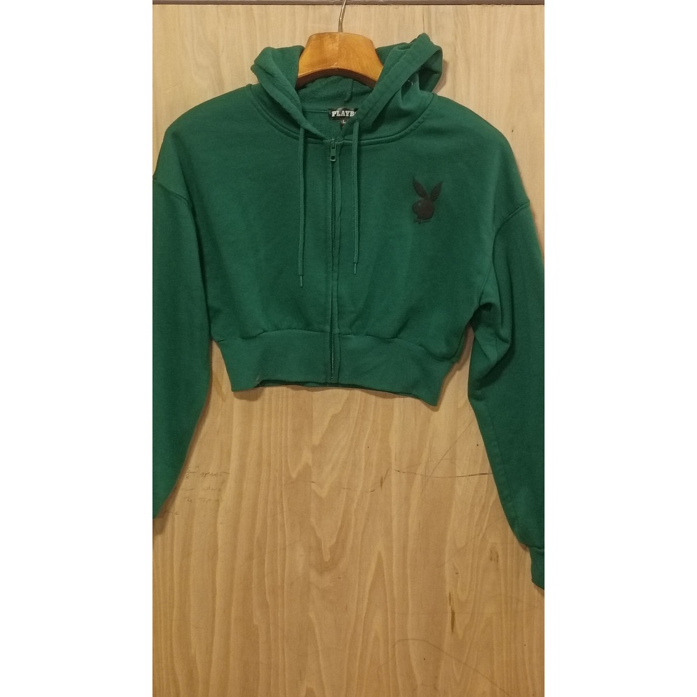 Playboy Green Cropped Zip Up Hoodie Bunny Logo Spellout Sweatshirt Womens L